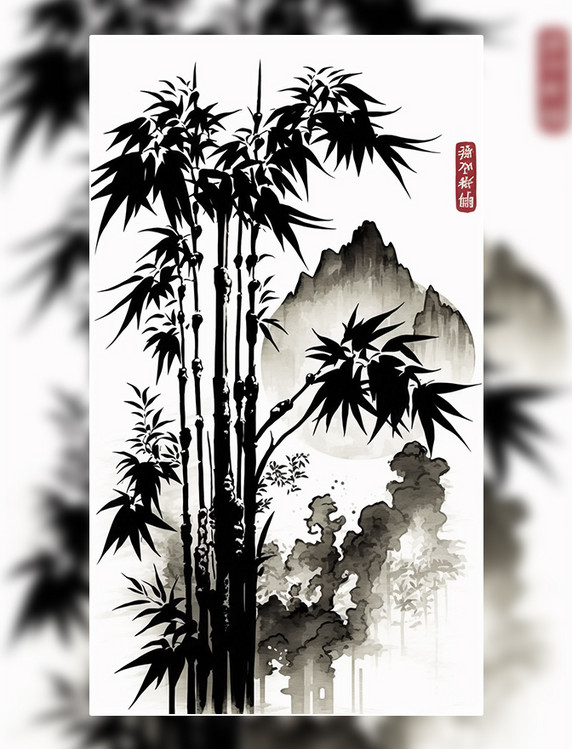 中式国风水墨画竹子山水插画 