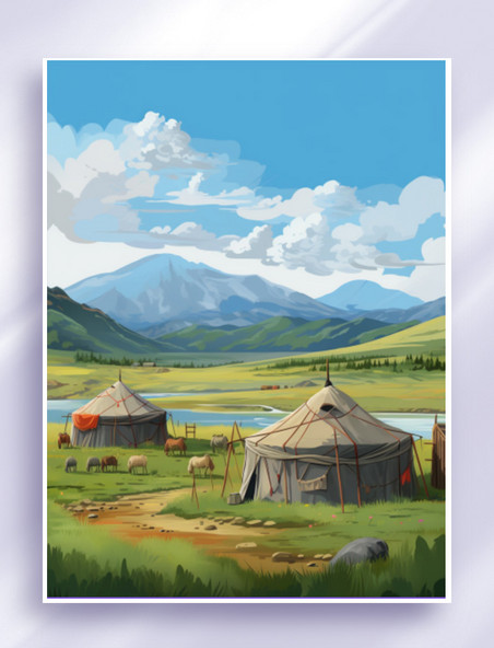 蒙古草原国风旅游插画