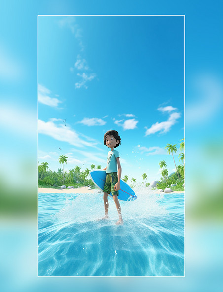 3D海报C4D阳光明媚的夏天男孩冲浪海水蓝天海滩椰子树