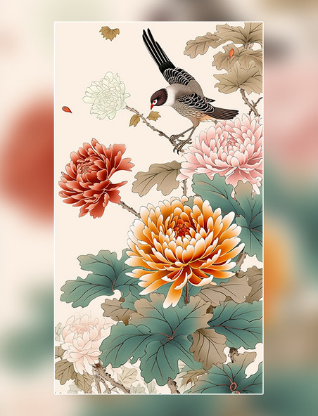 菊花和鸟中国水墨画传统绘画风格国风插画中国风
