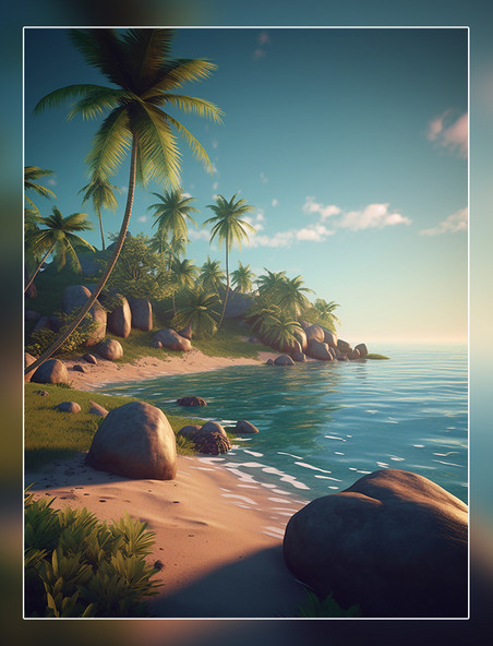 椰树海滩背景大海和船干净明亮的背景3D效果超级细节