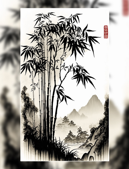 中式国风水墨竹子插画  