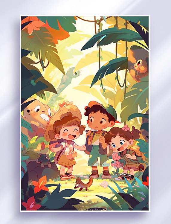 孩子们开心的在丛林探险卡通插画