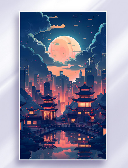 中国风古建筑美丽夜晚风景插画