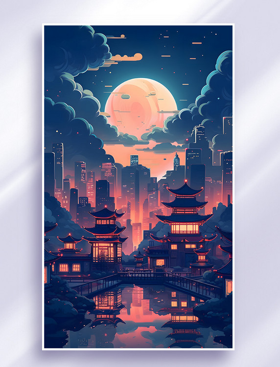 中国风古建筑美丽夜晚风景插画