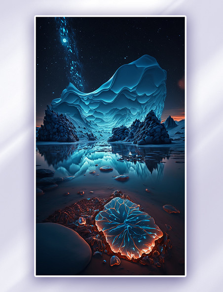 蓝色北极极光夜景图数字艺术AI绘画
