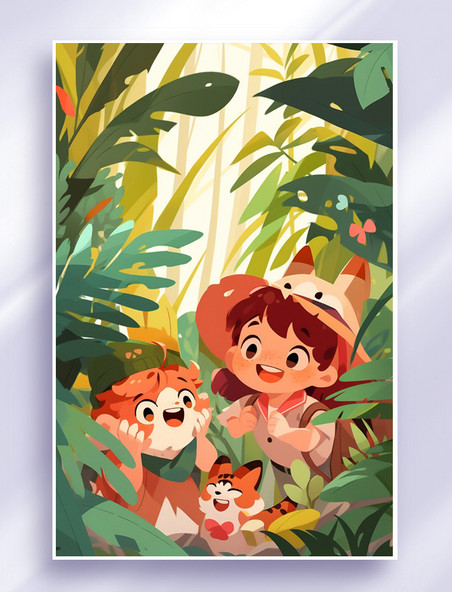 可爱卡通人物小孩丛林探险冒险插画