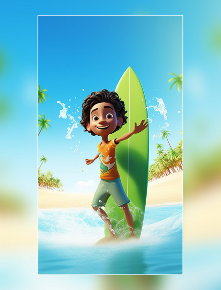 冲浪3D海报阳光明媚的夏天男孩海水蓝天海滩椰子树C4D
