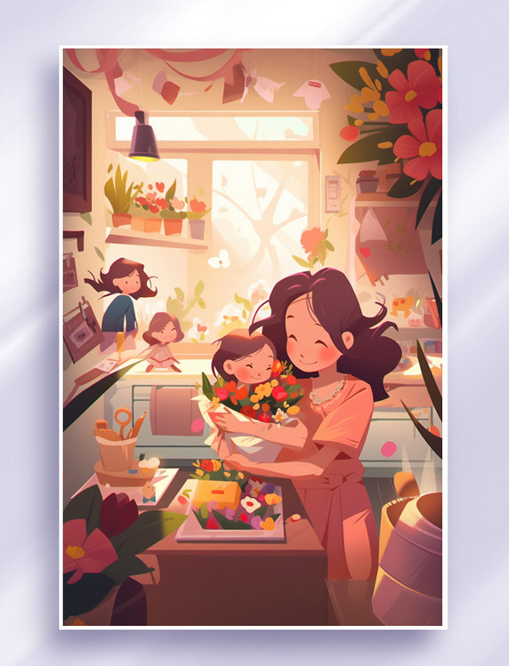 母亲节插画海报风格人物母亲母子扁平花