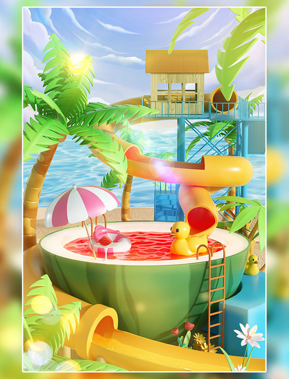 夏日夏天3D立体美食西瓜泳池场景