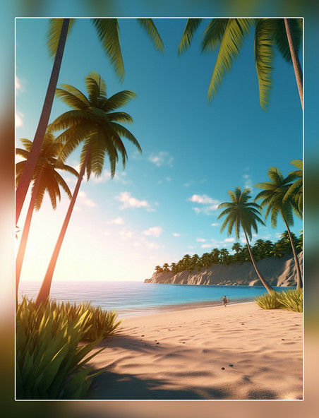 3D效果超级细节椰树海滩背景大海和船干净明亮的背景