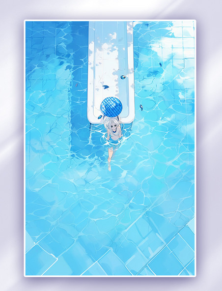 夏天夏季蓝色泳池游泳池水池数字插画