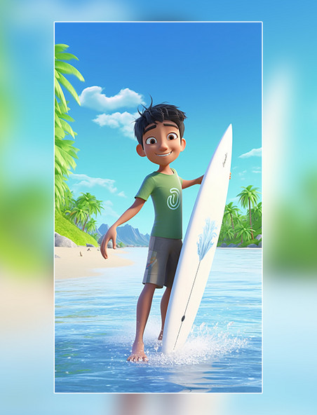 男孩冲浪3D海报阳光明媚的夏天海水蓝天海滩椰子树C4D