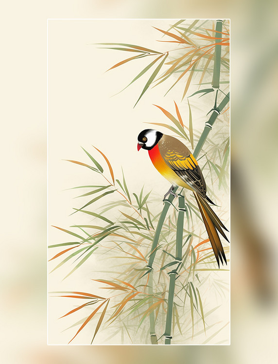 竹子和鸟中国水墨画传统绘画风格国风插画中国风中国水墨风格