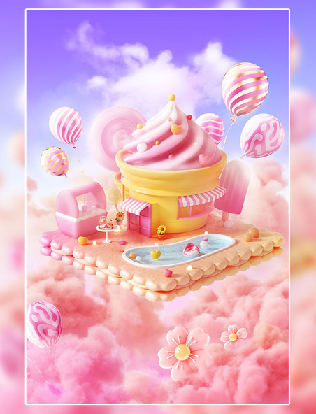 夏日夏天3D立体粉色梦幻冰淇淋泳池场景