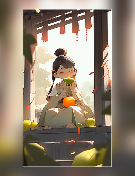 立夏节气夏季一个超级快乐可爱中国古代小女孩瓜果平面插图风格