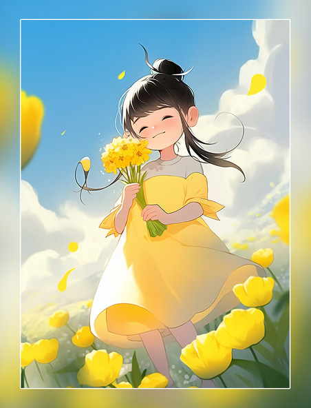 风格春天立春节气一个超级快乐可爱中国古代小女孩油菜花平面插图