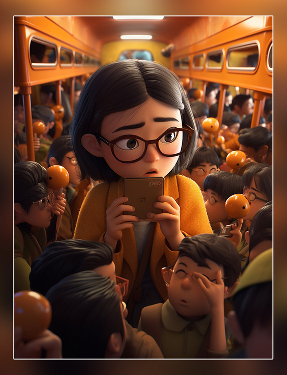 忙碌的上班族超酷的中国女孩戴着眼镜在地铁车厢里人群看手机3d渲染