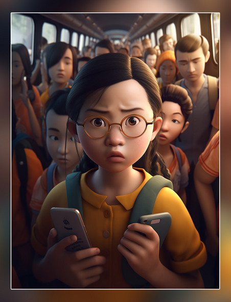忙碌的上班族超酷的中国女孩戴着眼镜在地铁车厢里人群看手机3d渲染