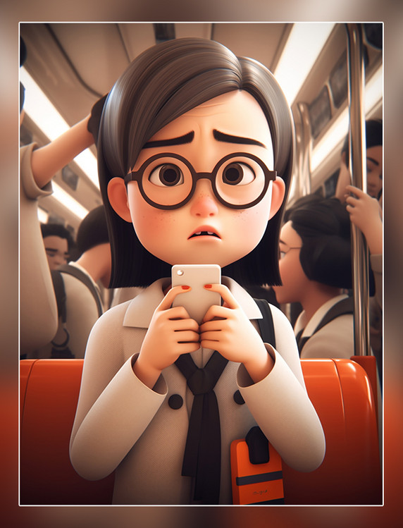 中国女孩戴着眼镜上班族超酷的在地铁车厢里人群看手机3d渲染