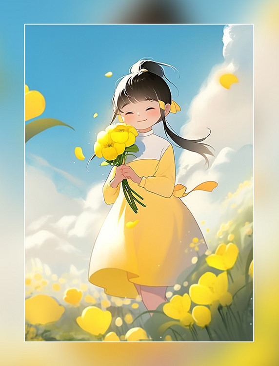 春天花季立春节气一个超级快乐可爱中国古代小女孩油菜花平面插图风格