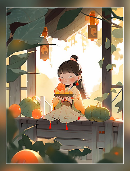 夏季立夏节气一个超级快乐可爱中国古代小女孩瓜果平面插图风格