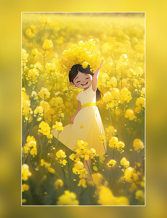 春天立春节气夏季一个超级快乐可爱中国古代小女孩油菜花平面插图风格