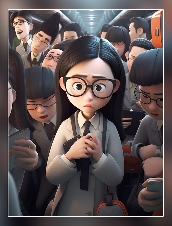 上班族超酷的中国女孩戴着眼镜在地铁车厢里人群看手机3d渲染
