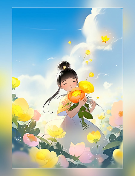 春天春分节气一个超级快乐可爱中国古代小女孩鲜花油菜花平面插图风格