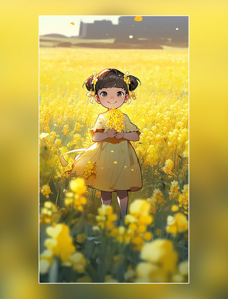 春天立春节气油菜花夏季一个超级快乐可爱中国古代小女孩平面插图风格