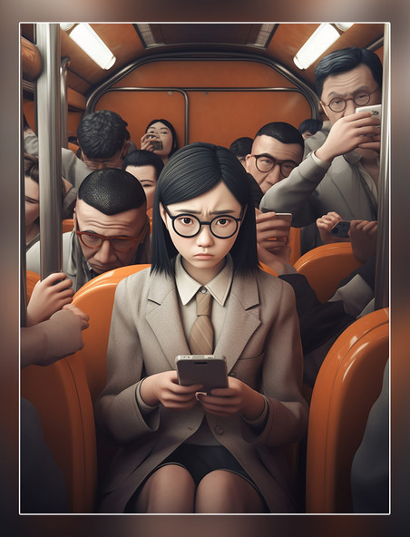 3d渲染上班族超酷的中国女孩戴着眼镜在地铁车厢里人群看手机