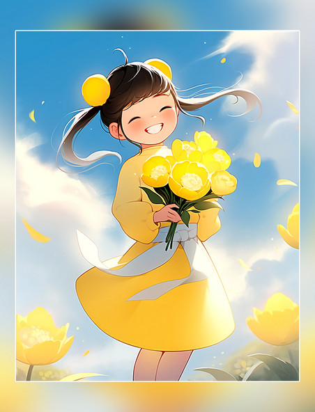 春天春分节气一个超级快乐可爱中国古代小女孩花油菜花平面插图风格