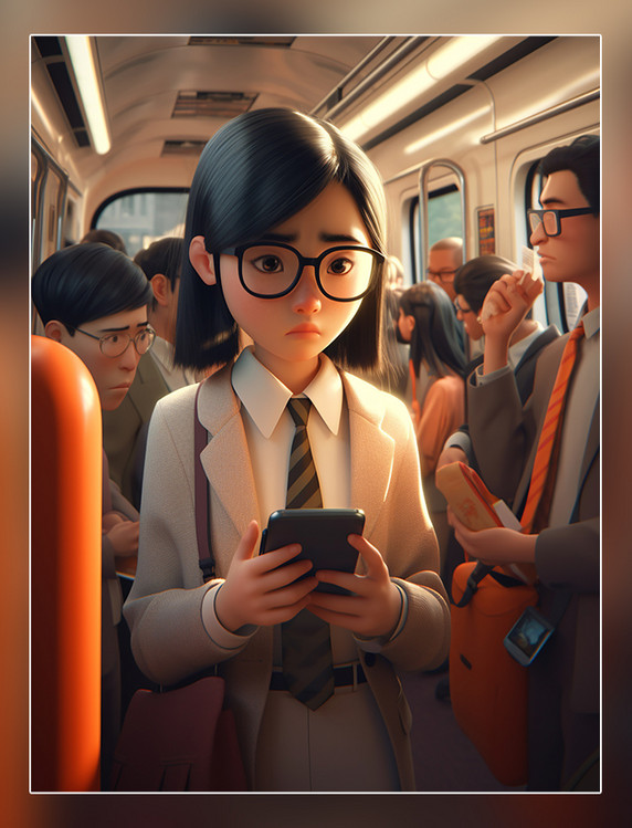 中国女孩上班族超酷的戴着眼镜在地铁车厢里人群看手机3d渲染