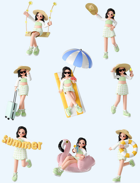 夏天海边沙滩3D立体时尚人物度假形象C4D套图