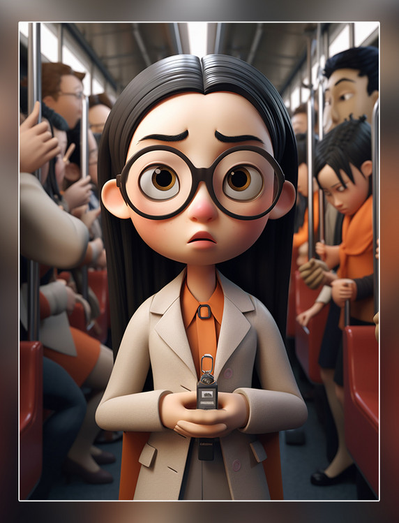 人群看手机上班族超酷的中国女孩戴着眼镜在地铁车厢里3d渲染