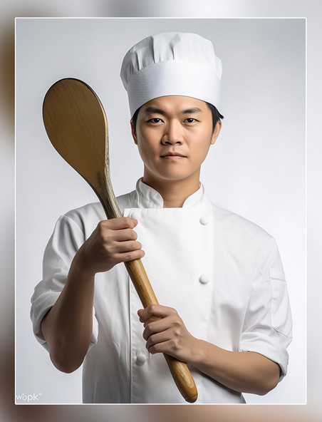 专业厨师拿着铲子一张厨师长的照片亚洲面孔男性半身照戴着厨师帽人像摄影