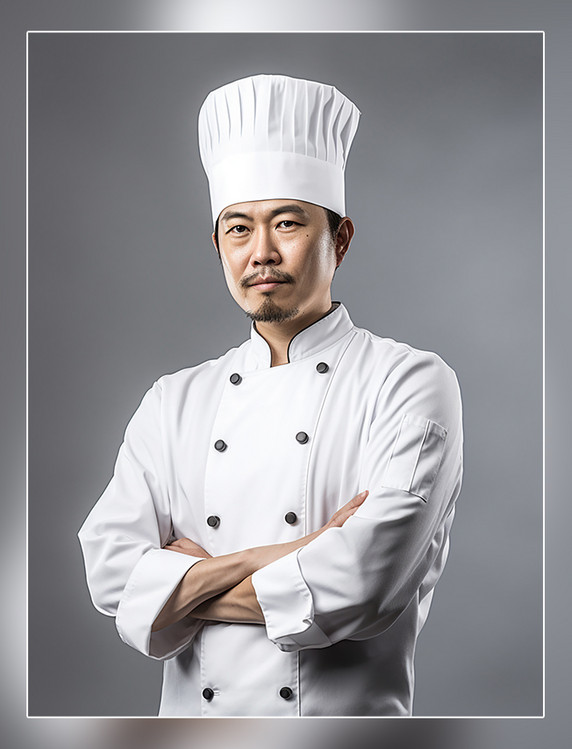 厨师一张厨师长的照片亚洲面孔男性半身照戴着厨师帽人像摄影