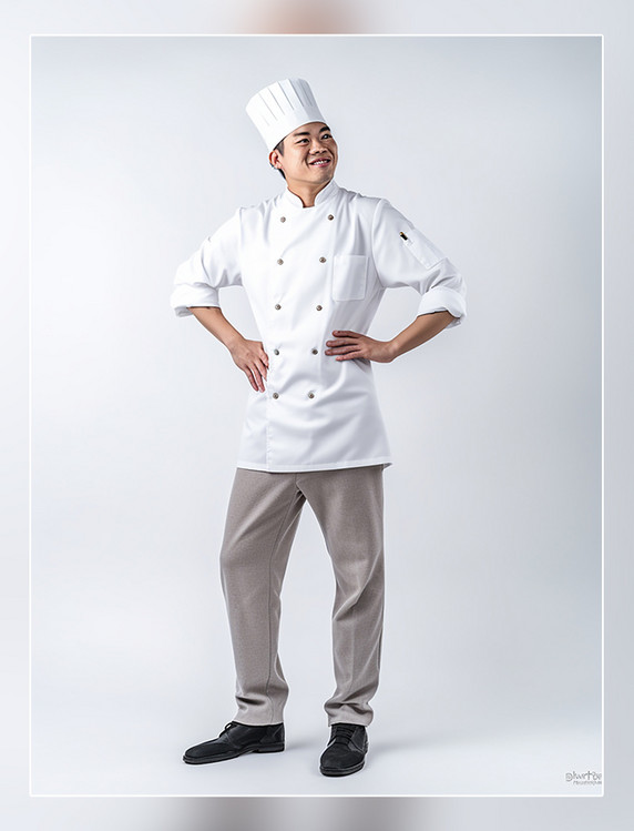 全身照厨师一张厨师长的照片亚洲面孔男性戴着厨师帽人像摄影