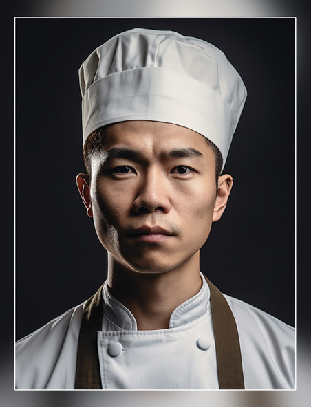 人像摄影一张厨师长的照片亚洲面孔男性全身照戴着厨师帽