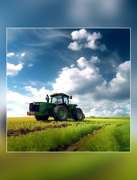 春天绿色机械化农业场景摄影阳光明媚绿色春天蓝天高清摄影图