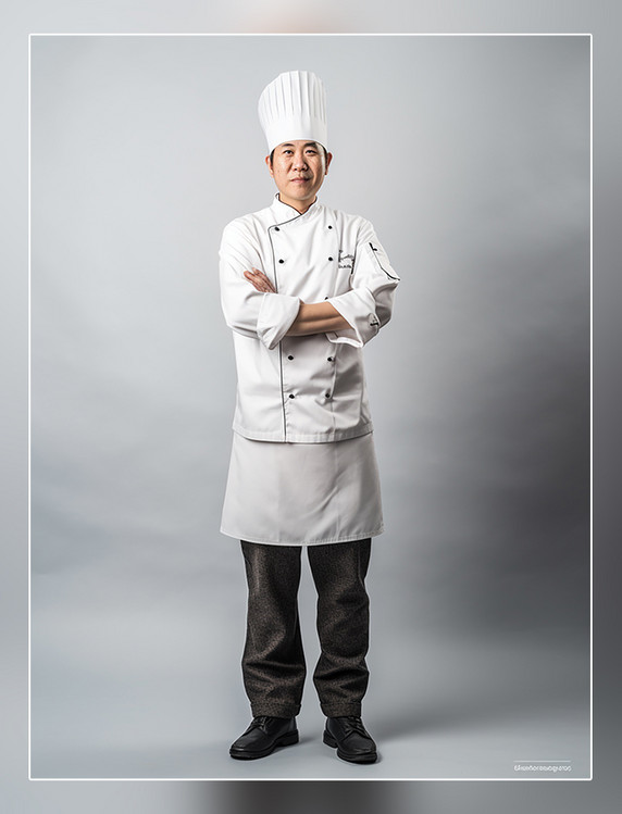 厨师人像摄影一张厨师长的照片亚洲面孔男性全身照戴着厨师帽