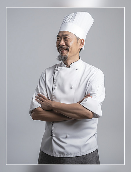 专业厨师一张厨师长的照片亚洲面孔男性全身照戴着厨师帽人像摄影