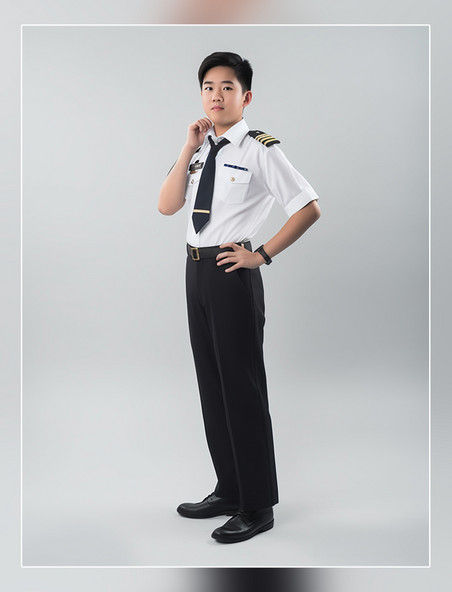 人像摄影风格小男孩小小飞行员一张飞行员照片亚洲面孔男生全身照穿着专业服装很酷