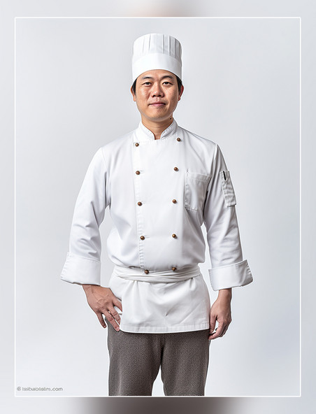 专业厨师一张厨师长的照片亚洲面孔男性半身照戴着厨师帽人像摄影