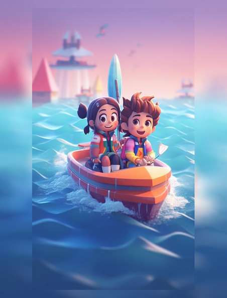 两个小孩坐在小船上夏天夏季旅游