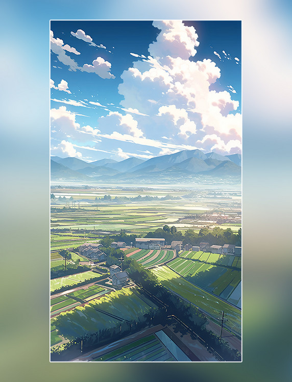 绿色春天蓝天平面插图宫崎骏画风农田插画春天机械化农业场景阳光明媚
