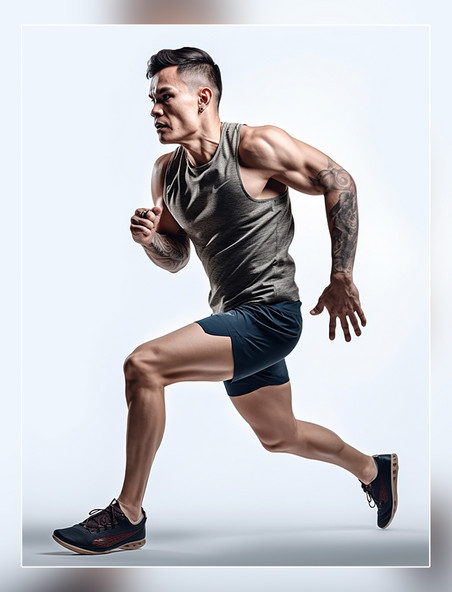 一张运动员照片人像摄影风格全身照成年男性奔跑姿势穿着运动衣