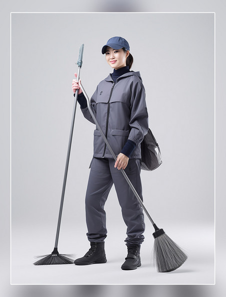 女性专业的清洁工拿着清洁工具微笑穿着专业清洁服装人像摄影风格