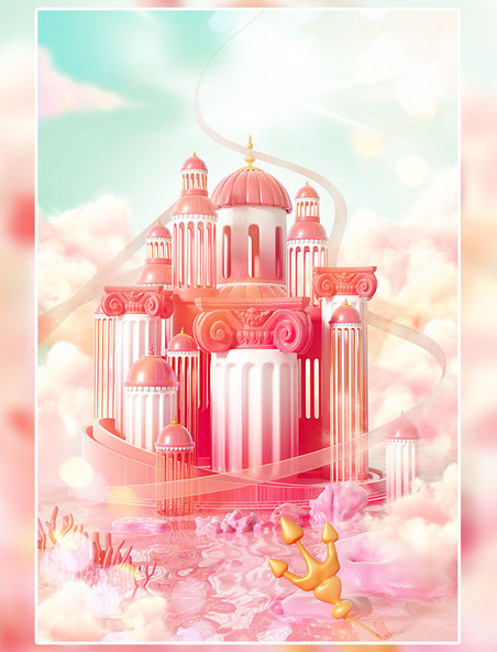 520情人节3D立体粉色梦幻城堡电商场景