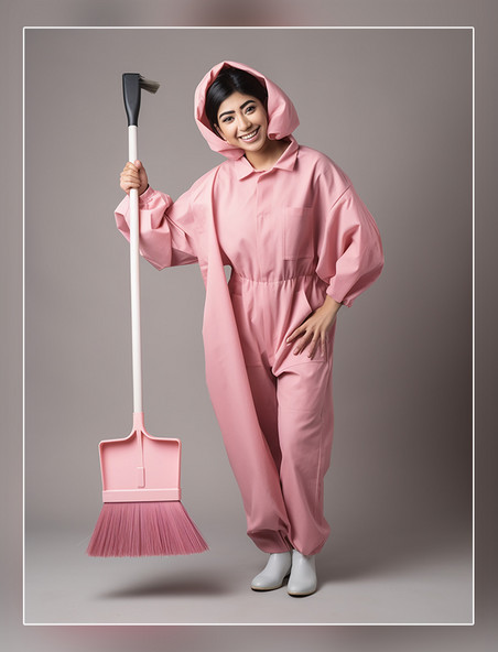 专业的清洁工拿着清洁工具微笑女性穿着专业清洁服装人像摄影风格